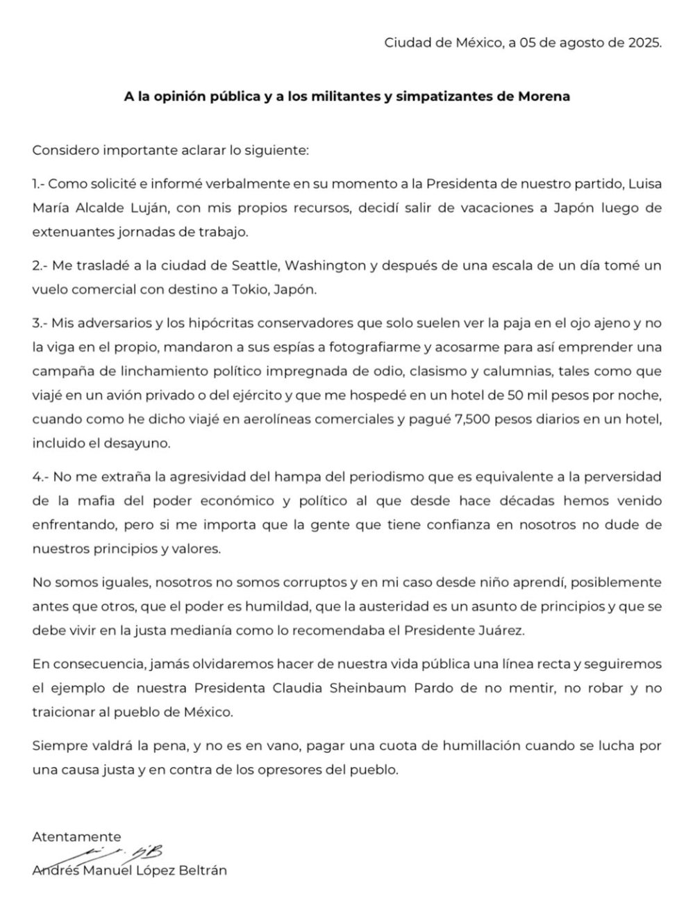 Publica carta Andy López Obrador tras viaje a Japón