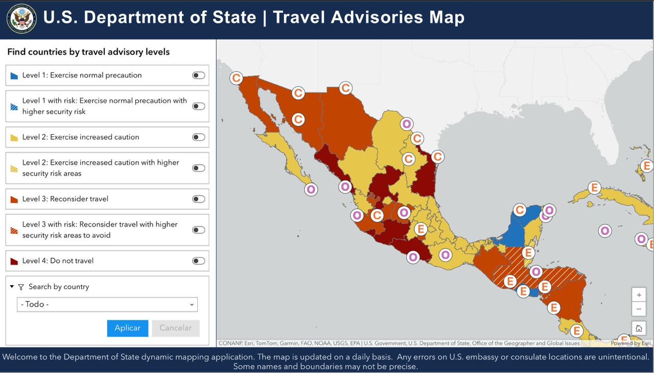 Clasificación de niveles de riesgo en México según Estados Unidos