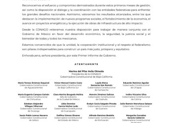 CONAGO reconoce esfuerzo de Sheinbaum en favor de los mexicanos; tras 1er Informe de la Presidenta de México